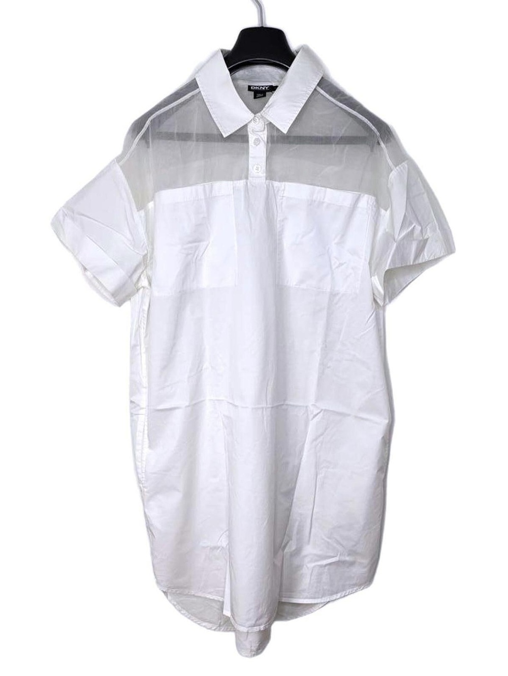 DKNY White Short Sleeve Shirt Dress With Sheer Silk Smocking & Pockets Med